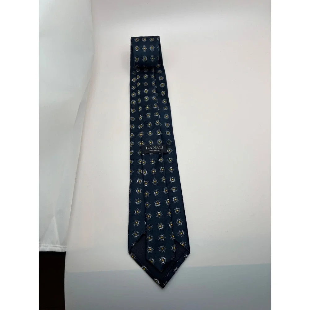 Canali Mens Silk Tie Navy Blue Silver Gold Floral Sunburst Geometric Made Italy